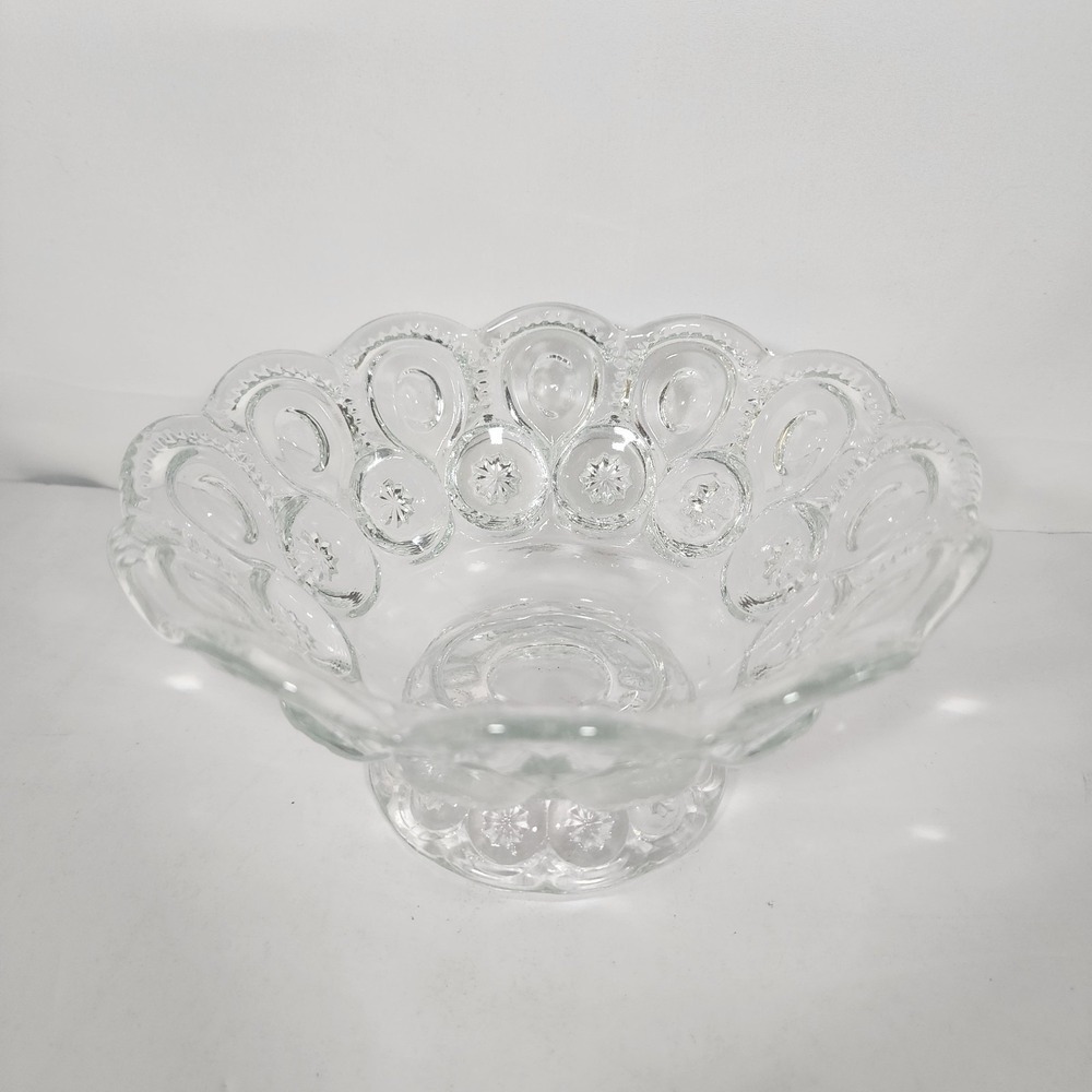 Vintage L.E. Smith Moon And Stars Clear Glass Pedestal Bowl Scalloped Edge 7"
